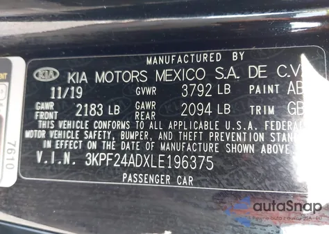 2020 Kia Forte Fe/Lxs z USA, uszkodzony, nr VIN 3KPF24ADXLE196375